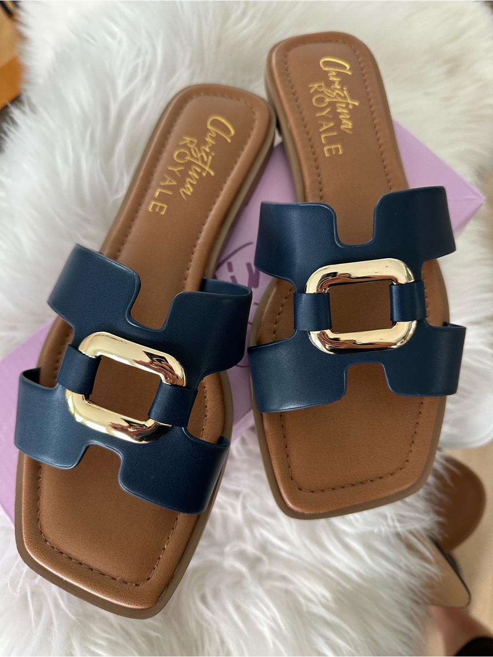 Christina Navy Slide Sandals with Gold Buckle Accent